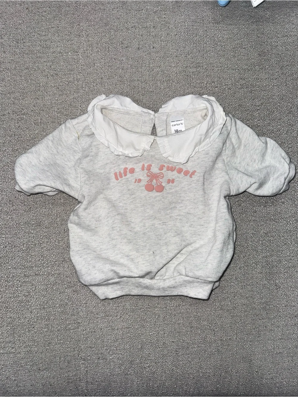 Carter's Light Gray Sweatshirt with Pink Cherry Graphic and White Ruffle Collar